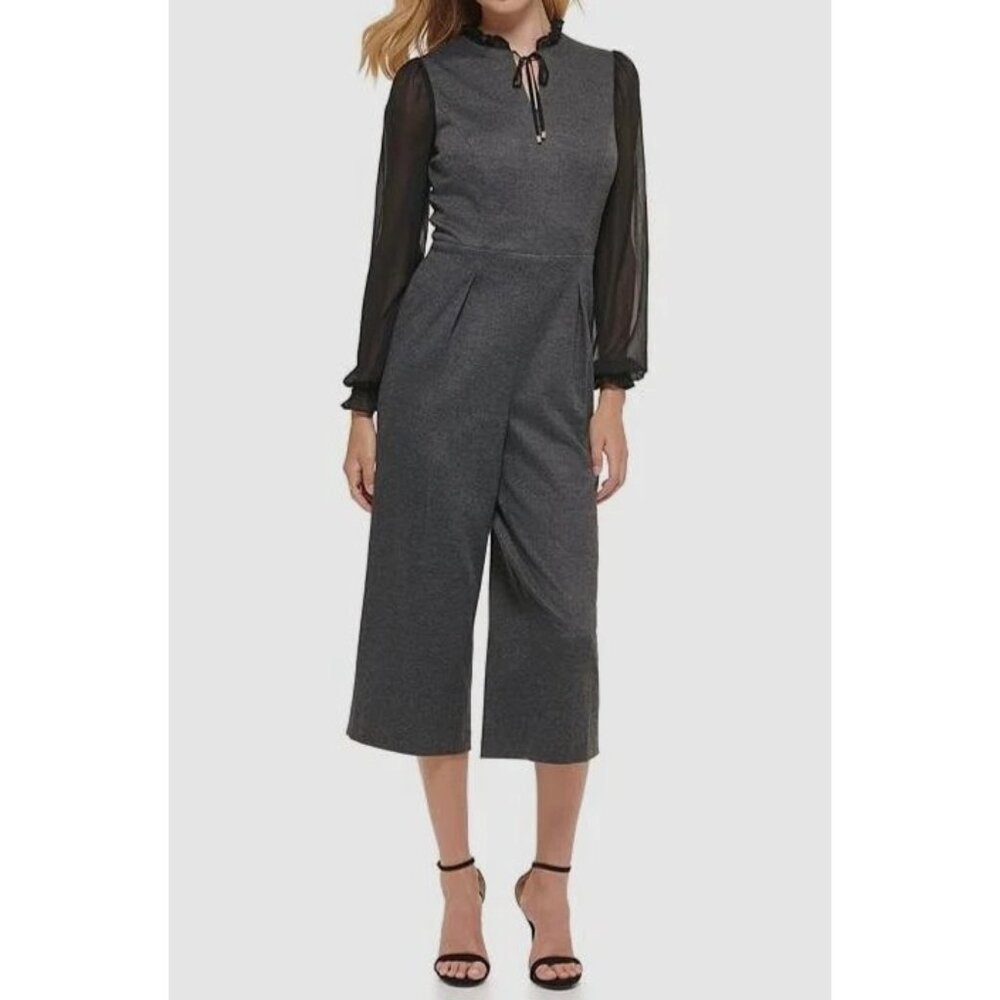 Tommy Hilfiger Women's Gray Herringbone Self Tie Neck Cropped Jumpsuit Size 8 - Picture 1 of 13